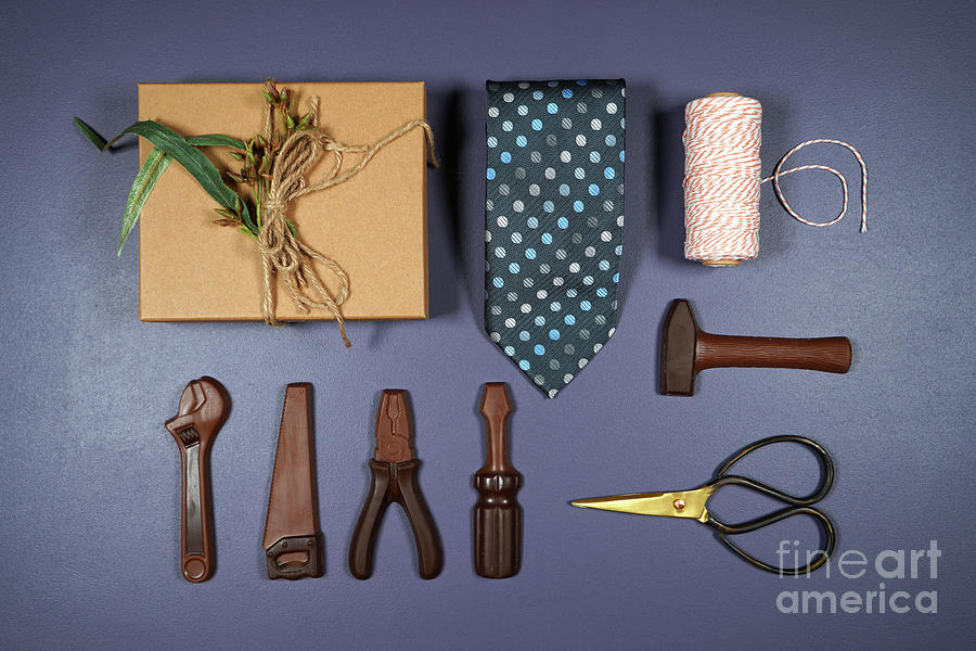 Fathers Day or masculine birthday theme flatlay background. Photograph by Milleflore Images