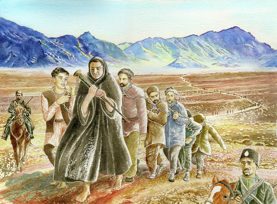 Fatimih Begum helps her brother, the youngest prisoner, in a march from Yazd to Isfahan, Persia.  Painting by Sue Podger