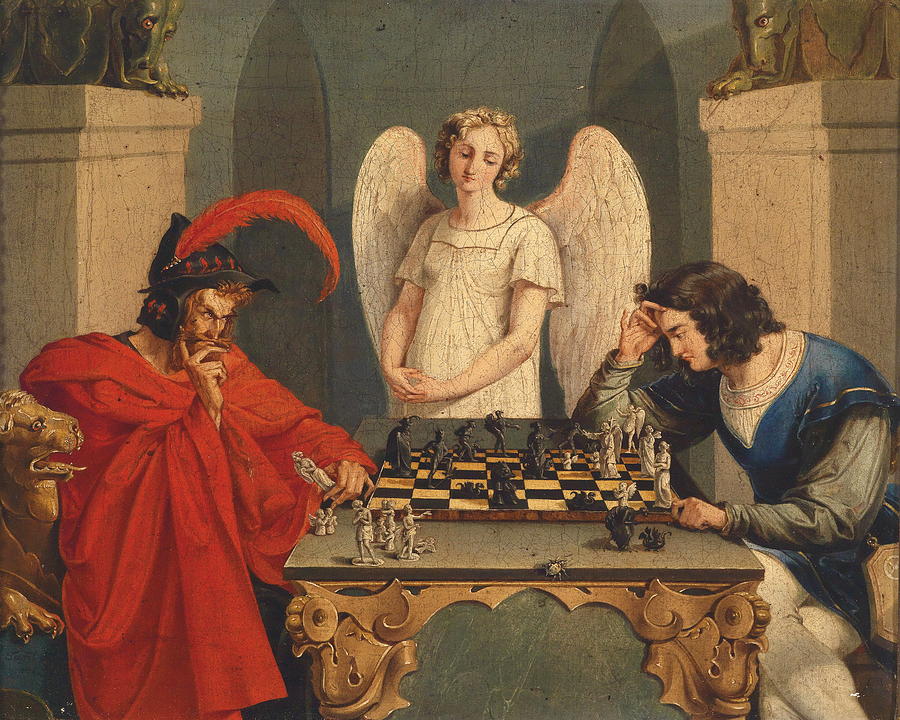 Faust And Mephistopheles Playing Chess Drawing