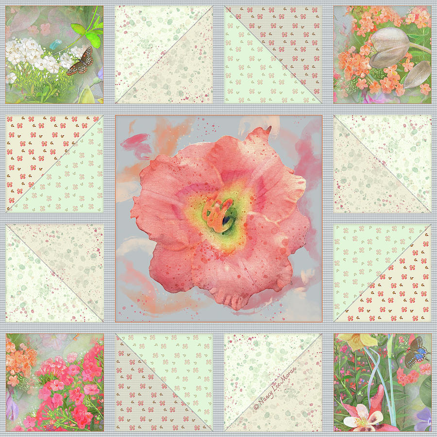 Faux Quilt with Coral-Peach Daylily Mixed Media by Nancy Lee Moran