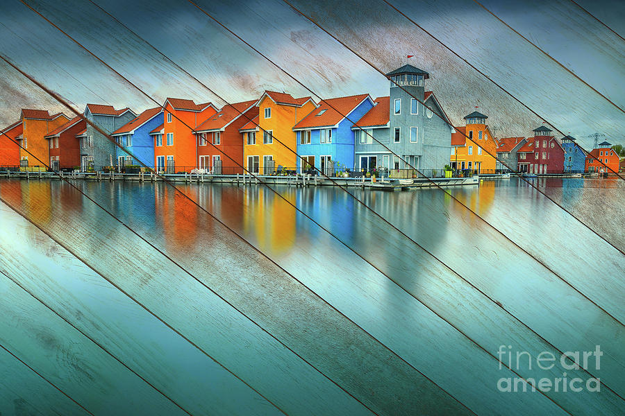Faux Wood Blue Morning at Waters Edge Groningen Coastal Landscape Photograph Photograph by PIPA Fine Art - Simply Solid