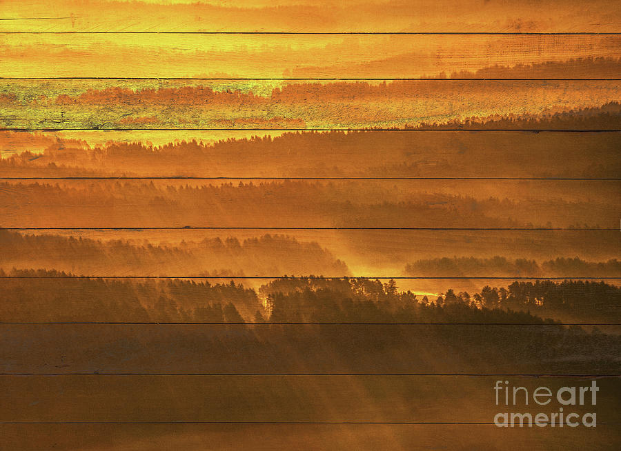 Faux Wood Golden Mist Valley - Hills and Mountain Range Rustic Landscape Photo Photograph by PIPA Fine Art - Simply Solid