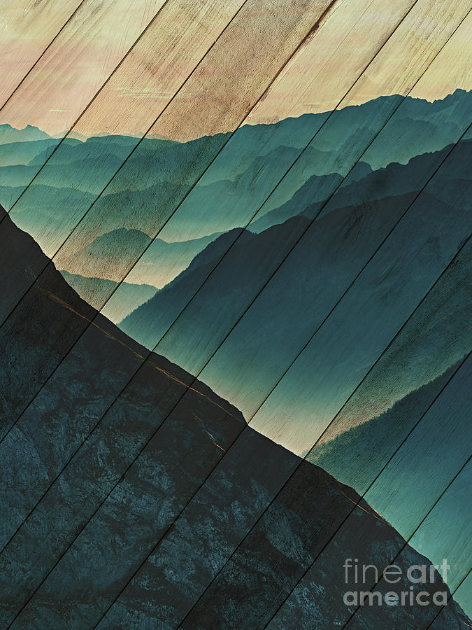 Faux Wood Misty Blue Silhouette Mountain Range Rustic Landscape Photograph Digital Art by PIPA Fine Art - Simply Solid