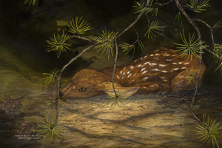 Fawn In Forest Painting by Roy Kastning