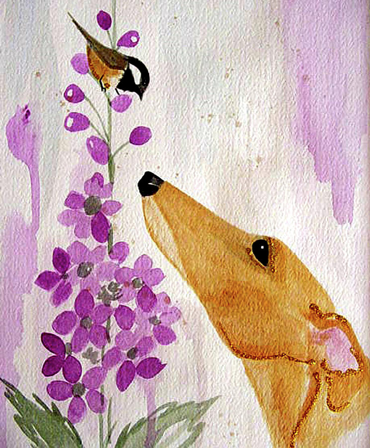 Dog Painting - Fawn with Chickadee by Jennifer Howard