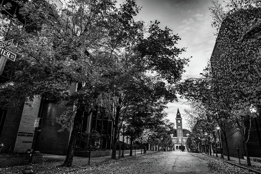 Fayetteville Arkansas Center Street Skyline In The Fall - Black and White Photograph by Gregory Ballos