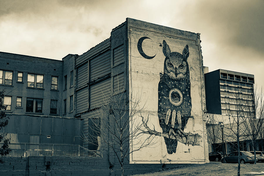Black And White Photograph - Fayetteville Public Art Mural And Architecture - Sepia II by Gregory Ballos