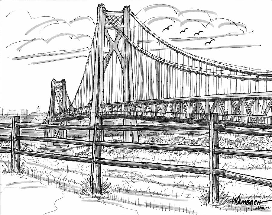 FDR Mid-Hudson Bridge Drawing by Richard Wambach