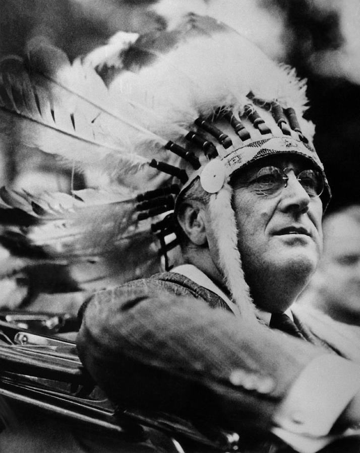 FDR Wearing Native American War Bonnet - 1932 Photograph by War Is Hell Store