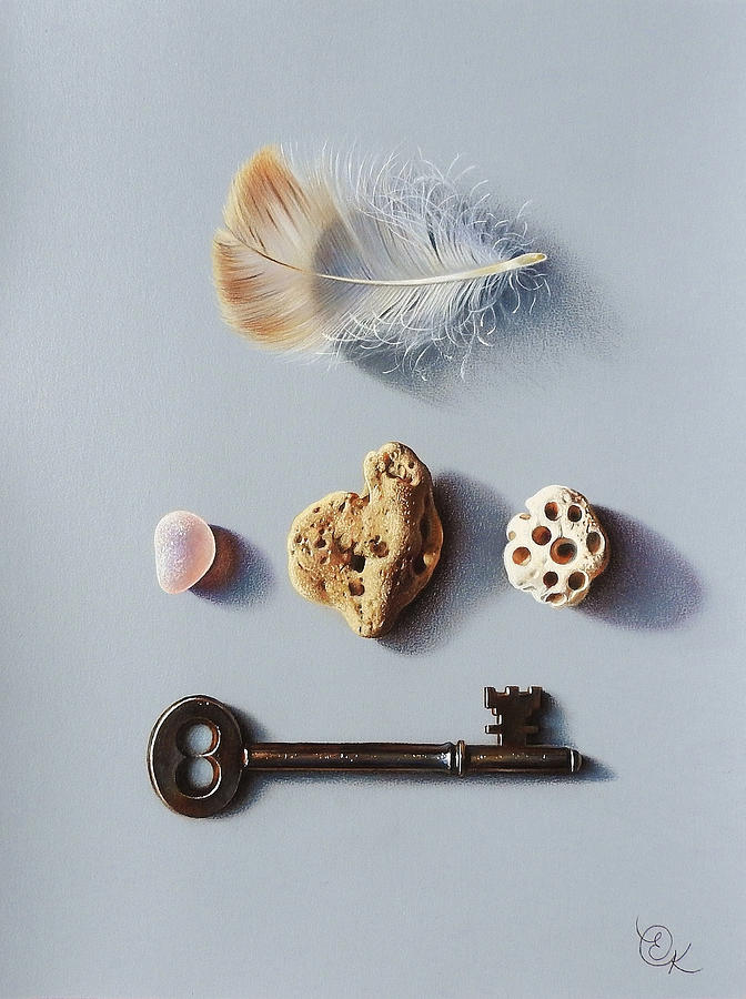 Feather, key and stones Drawing by Elena Kolotusha