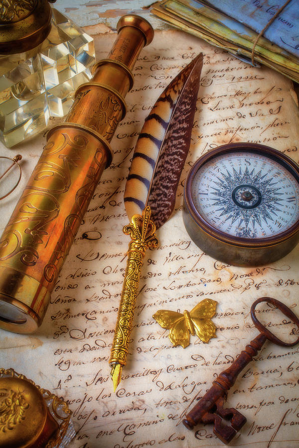 Still Life Photograph - Feather Pen And Telescope by Garry Gay
