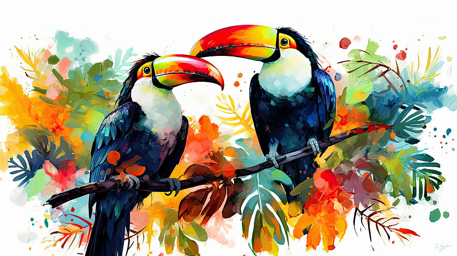 Feathered Fireworks - Vibrant Toucans Dance Through Tropical Light Painting by Lourry Legarde