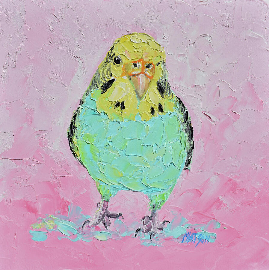Feathers on Blush Pink, a Budgie Portrait Painting by Jan Matson Feathers on Blush Pink, a Budgie Portrait Painting by Jan Matson