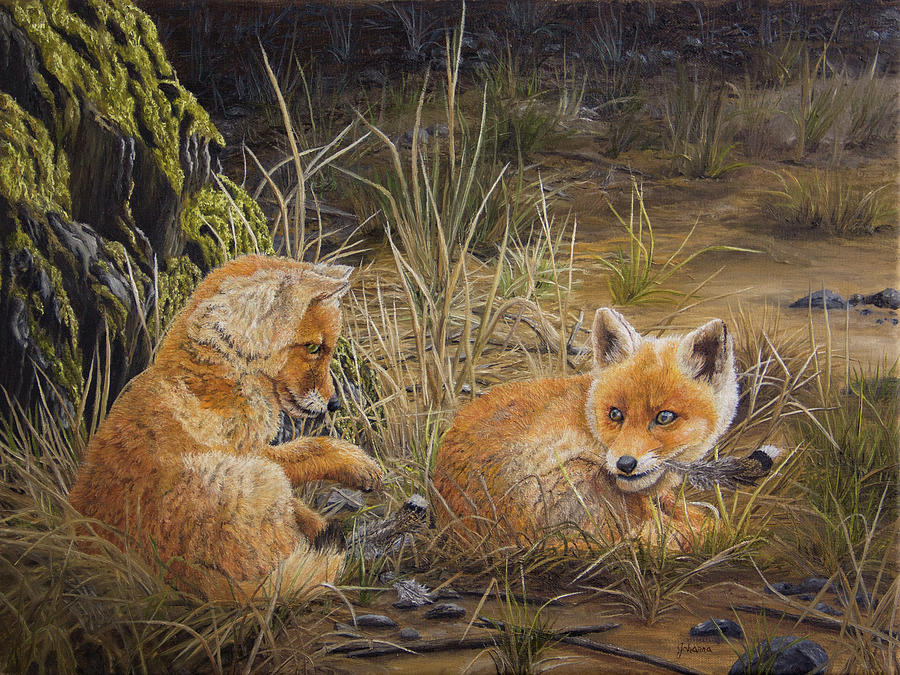 Feathers - Red Fox Kits Painting by Johanna Lerwick