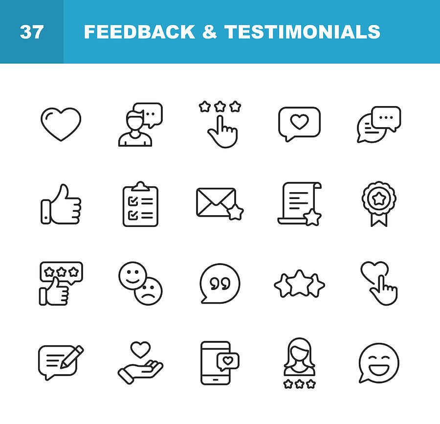 Feedback and Testimonials Line Icons. Editable Stroke. Pixel Perfect. For Mobile and Web. Contains such icons as Feedback, Testimonials, Survey, Review, Clipboard, Happy Face, Like Button, Thumbs Up, Badge. Drawing by Rambo182