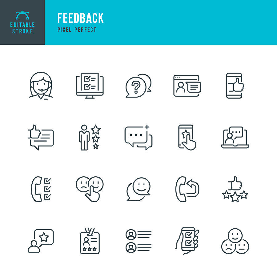 FEEDBACK - thin line vector icon set. Pixel perfect. Editable stroke. The set contains icons: Questionnaire, Feedback, Support, Thumb Up, Testimonial, Rating, Satisfaction. Drawing by Fonikum