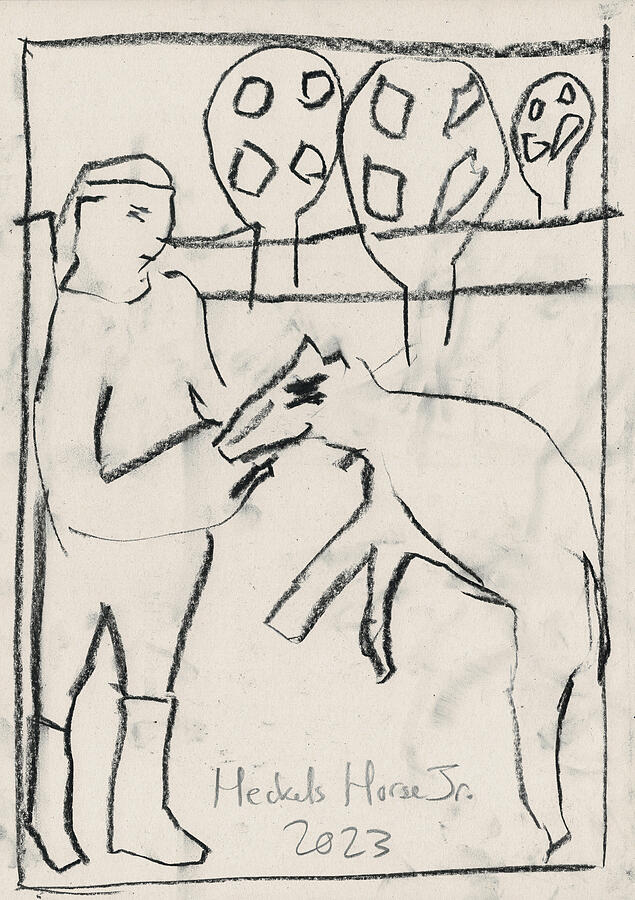 Feeding a Dog Charcoal Sketch Drawing by Edgeworth Johnstone
