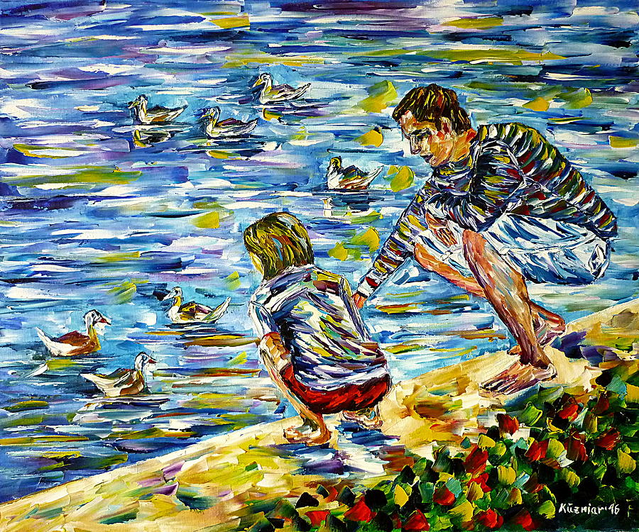 Feeding Ducks Painting by Mirek Kuzniar