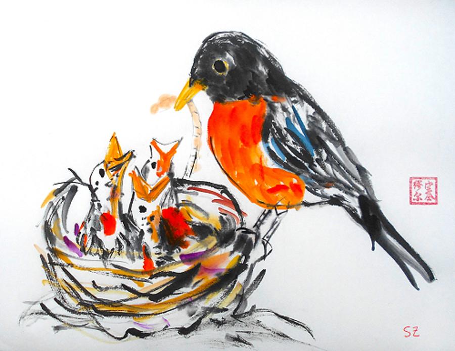 Feeding Robin Painting