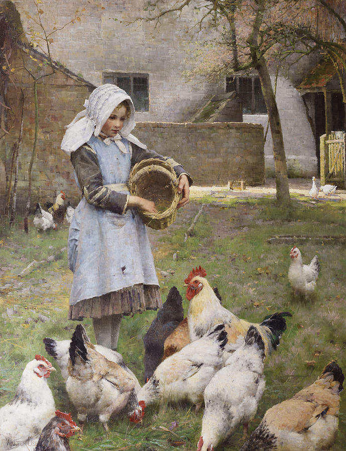 Iris Painting - Feeding the Chickens, 1885 by Walter Osborne