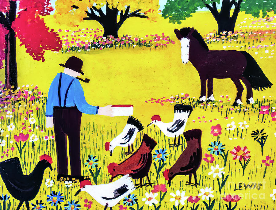 Feeding the Chickens by Maud Lewis late 1940s Painting by Maud Lewis