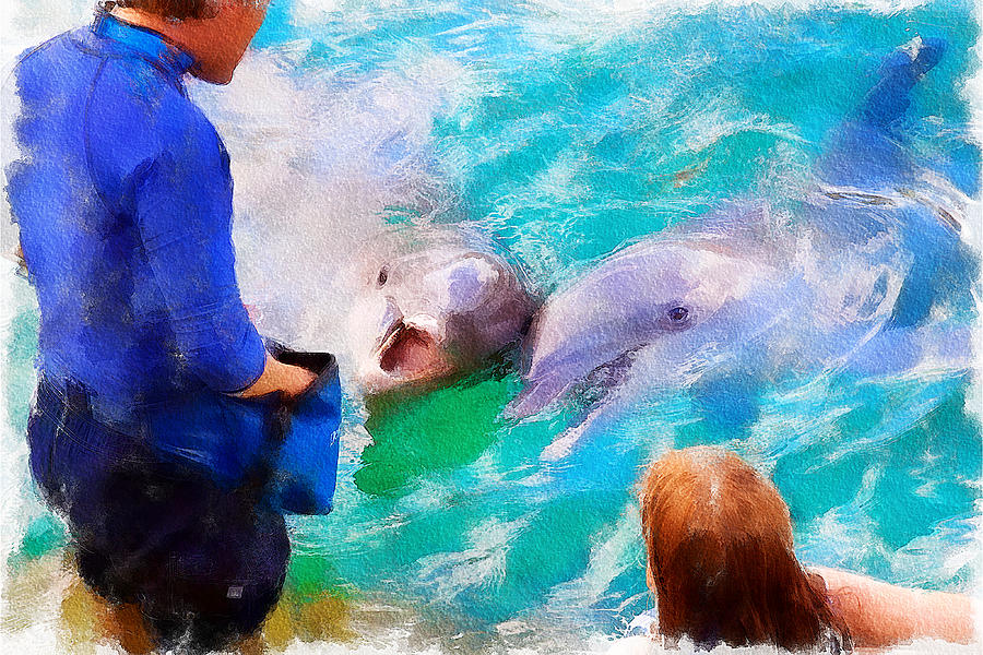 Feeding the dolphins Mixed Media by Tatiana Travelways