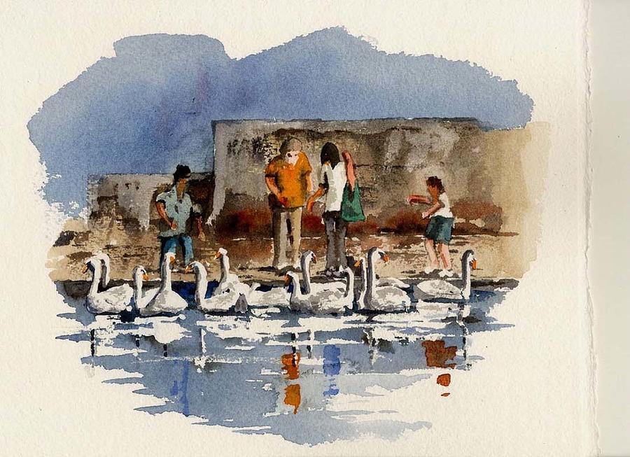 Feeding the Swans in Bray Harbour Painting by Val Byrne