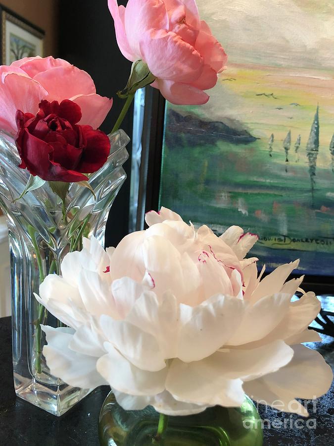 Don Juan and Queen Elizabeth Roses with Festiva Maxima Peony with My Heart Sails Oil Painting Painting by Catherine Ludwig Donleycott
