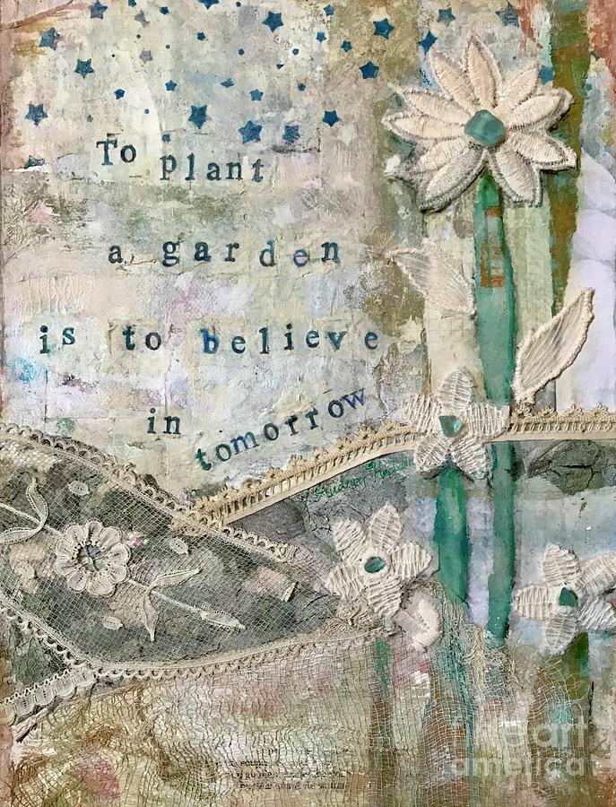 Garden collage with vintage lace and flowers Painting by Diane Fujimoto