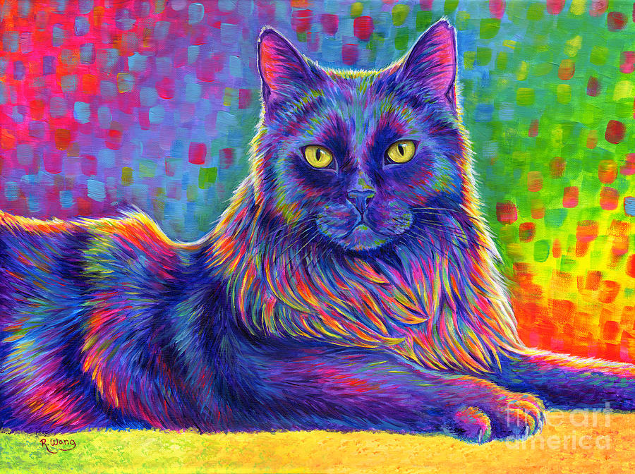 Psychedelic Rainbow Black Cat - Felix Painting by Rebecca Wang
