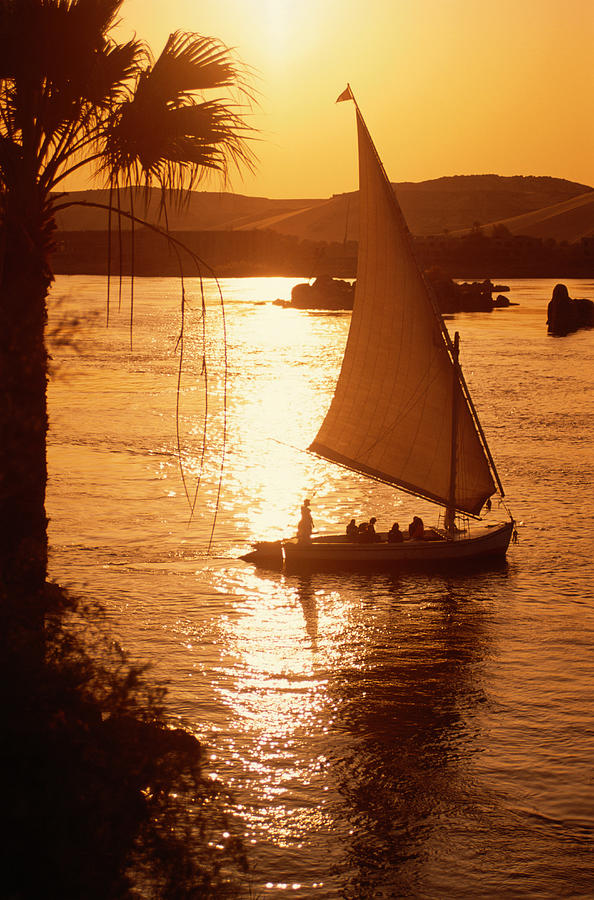 Feluccas At Sunset On The Nile River In Aswan, Egypt Photograph by Steve Satushek