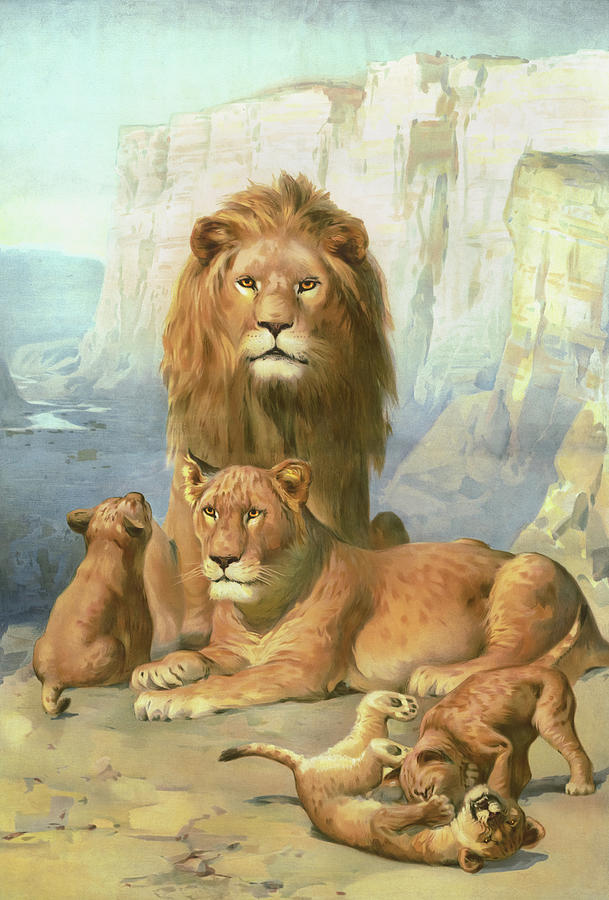 Female And Male Lions With Their Cubs Painting