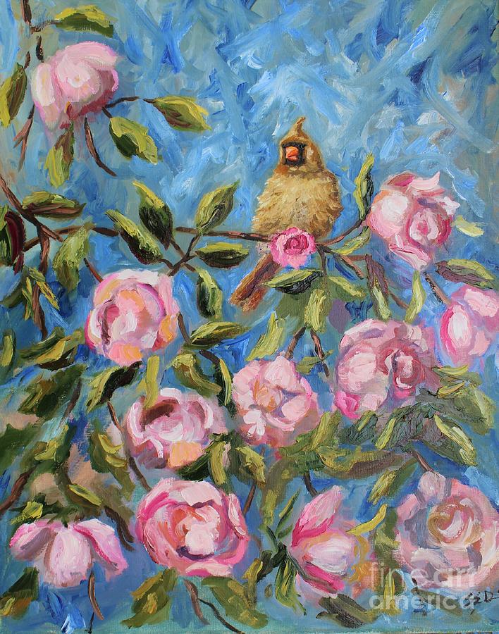 Female Cardinal with Roses Painting by Sarah Davis Female Cardinal with Roses Painting by Sarah Davis