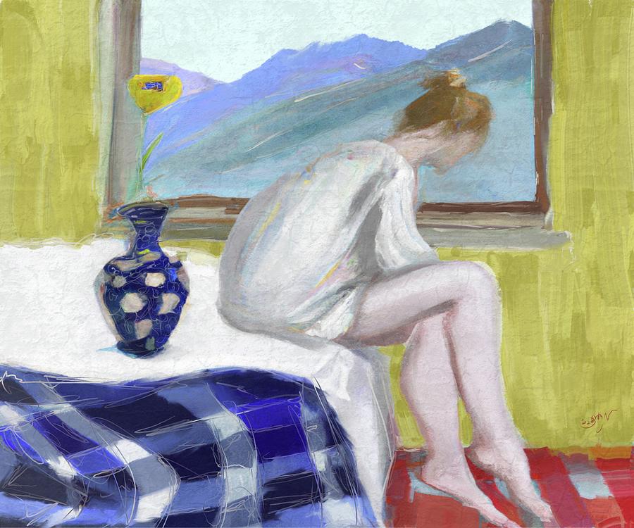 Female figure contemplating life on the edge of bed in the morning with a poppy flower vase mountain Painting by Mendyz