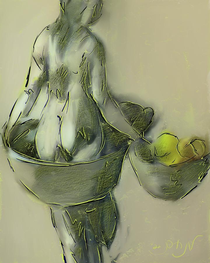 Female figure holding lemons in a bowl standing in a washbasin at the rivers edge in Charcoal umbers Painting by MendyZ