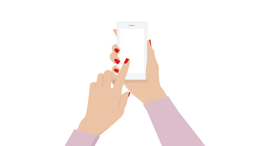 Female hand holding a phone with blank screen. Phone in female hand. Drawing by Reklamlar