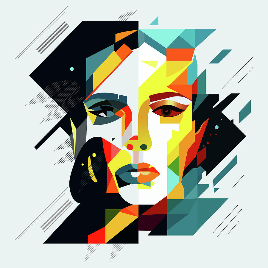 Female human face in abstract style, cube portrait drawing Digital Art ...