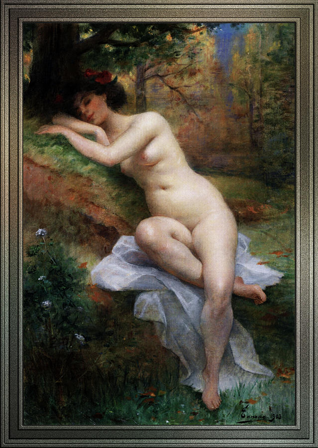 Female Nude Painting - Female Nude In Forest Landscape by Adrien Henri Tanoux by Rolando Burbon