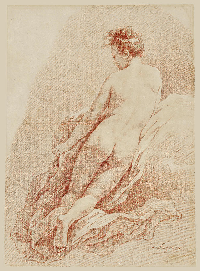 Female nude kneeling, seen from the back Drawing by Louis-Jean-Francois Lagrenee