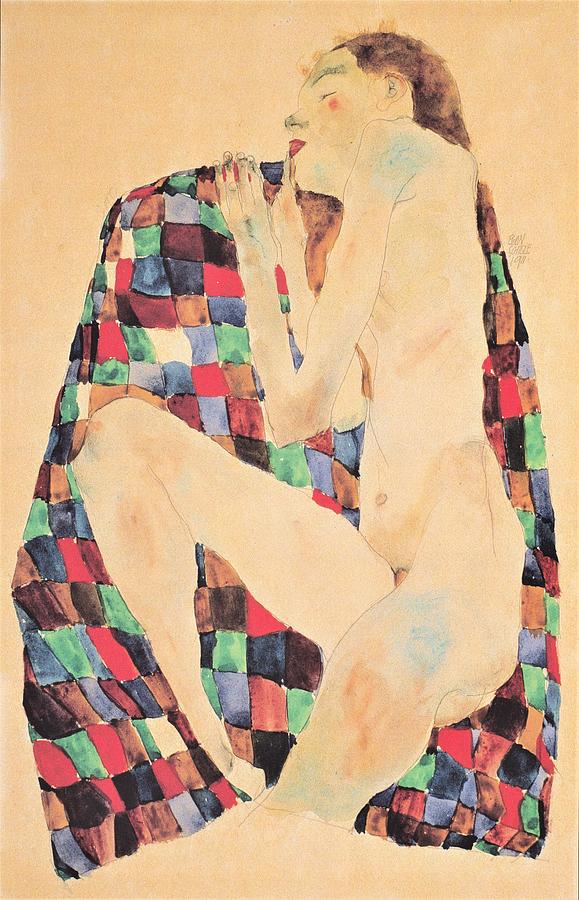 Female nude on plaid cloth Drawing by Thea Recuerdo