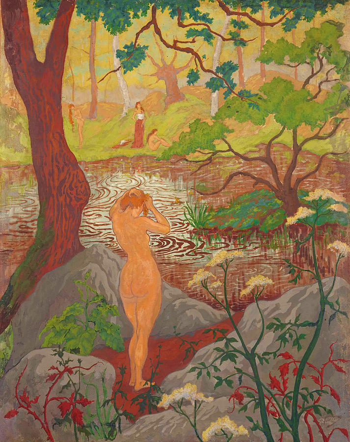 Female nude while hairdressing on the bank of a pond Painting by Paul Ranson