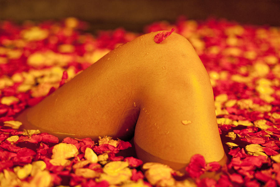 Female relaxing in rose petal filled spa bath Photograph by John White Photos