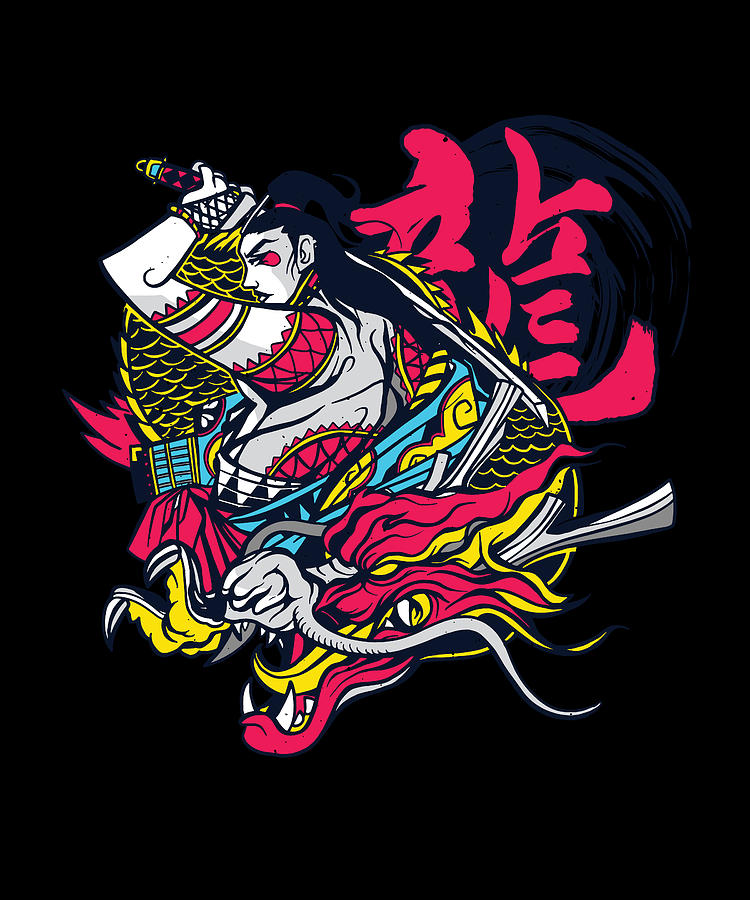 Female Samurai dragon cartoon art japanese letters Digital Art by Norman W  - Pixels