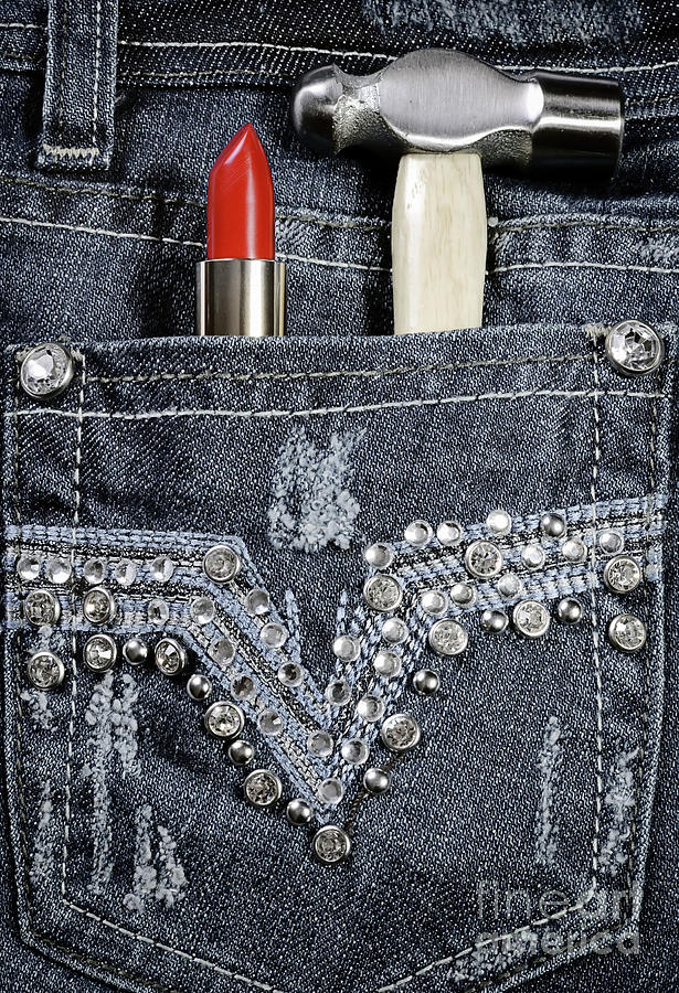 Female worker jeans with red lipstick and hammer in back pocket Photograph by Milleflore Images