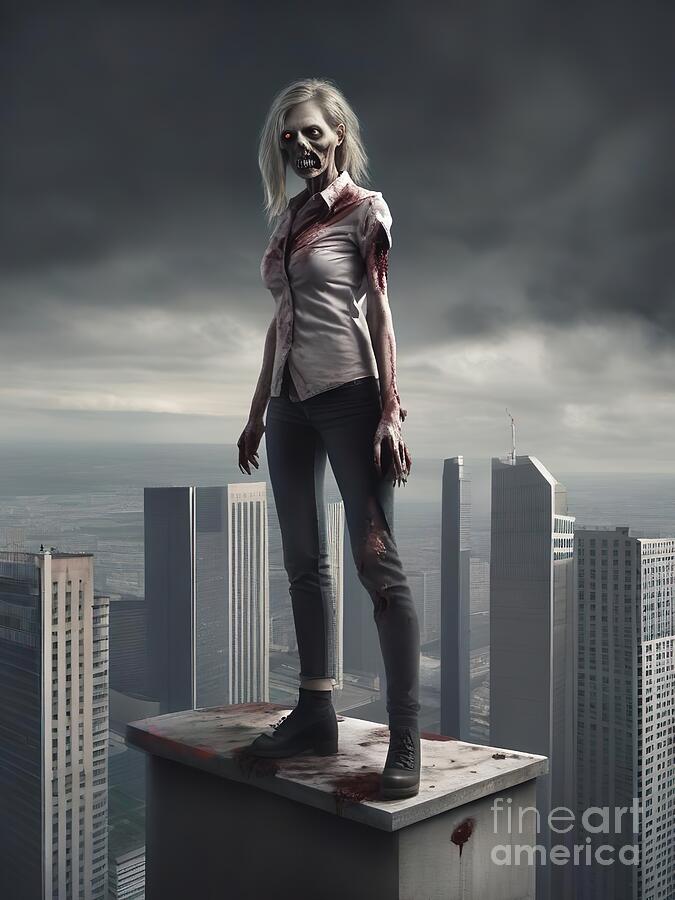 Skyscraper Digital Art - Female zombie on a skyscraper. by Rene Mitterlehner