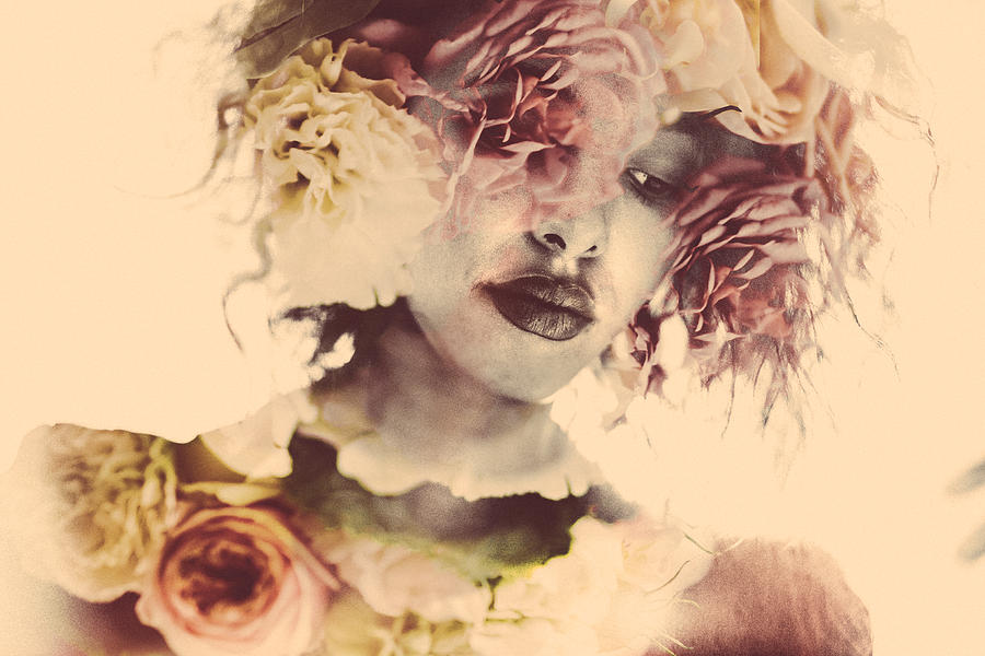 Feminine double exposure image of a woman and soft flowers Photograph by Wundervisuals