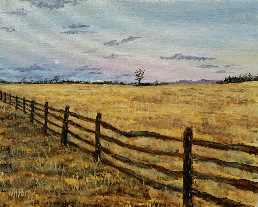 Fence and Full Moon Painting by Margie Perry