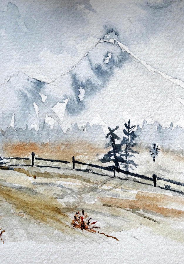 Fence By Snowcapped Mountains Painting by Catherine Arcolio