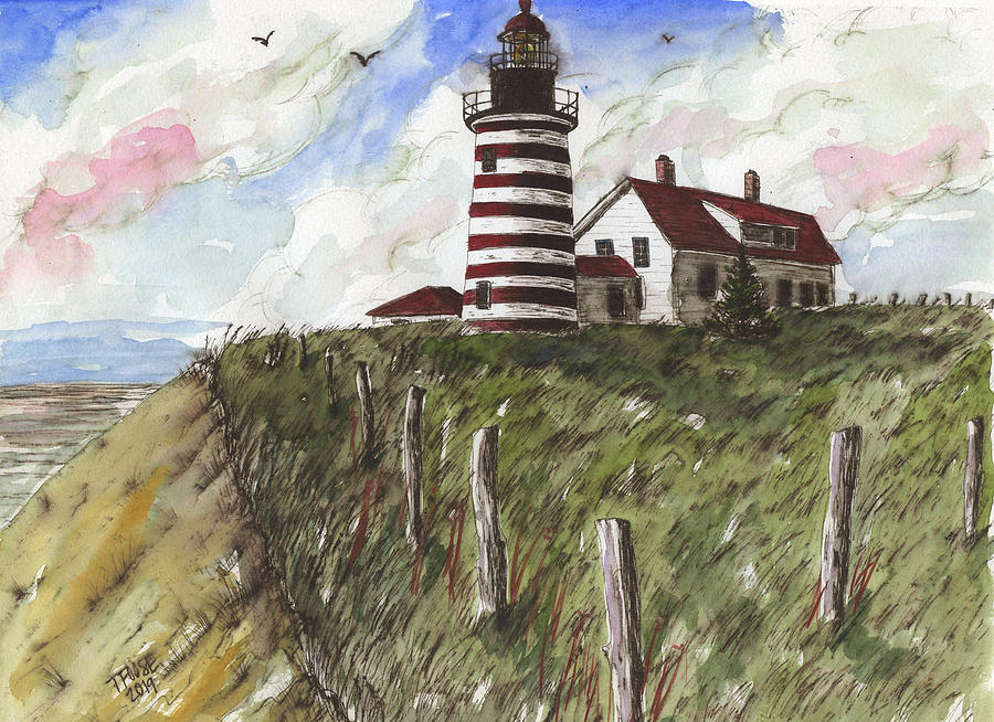 Fenced Lighthouse In Watercolor Painting