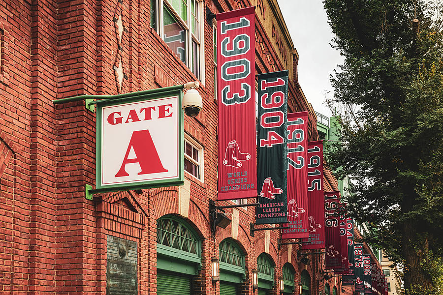 Fenway Park Championship Banners Along Jersey Street Photograph by Gregory Ballos